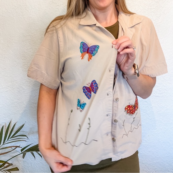 Retro White Stag Butterfly Short Sleeve Cotton Button Up Women’s Medium Tan - Picture 2 of 11